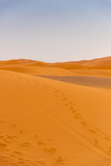 Fototapeta na wymiar Footprints in the sand dunes of Sahara Desert (Merzouga) in Morocco