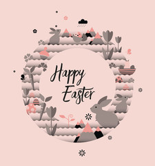 Holiday illustration. Easter wreath with greetings, easter bunnies, tulips, eggs, flowers, butterflies and carrots on pink background.