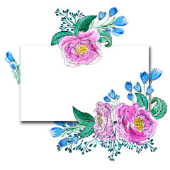 pink pion flower  watercolor illustration frame