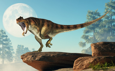 Giganotosaurus, one of the largest known terrestrial carnivores, was a carcharodontosaurid theropod dinosaur. Here it stands on a rock before full moon with an open mouth. 3D Rendering. 