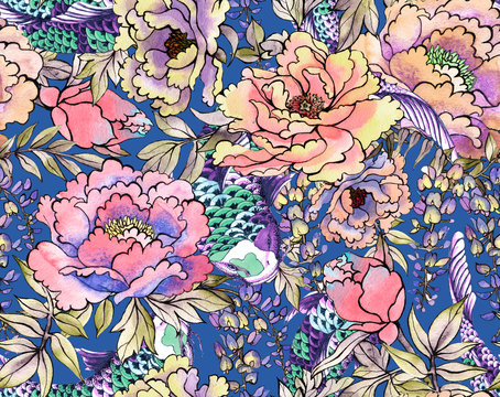 Watercolor flowers. Japanese seamless pattern.Asian ink print with chrysanthemum and wisteria
