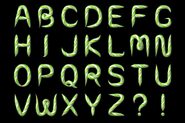 Sweet caramel candy alphabet. Isolated white background. Font for holidays and birthday party.