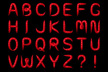 Sweet caramel candy alphabet. Isolated white background. Font for holidays and birthday party.