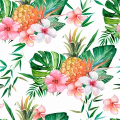 Selbstklebende Fototapeten Seamless pattern, tropical pattern with flowers, leaves, pineapples. Watercolor illustration. © Marina