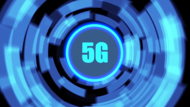 Animation 5G logo against rotating abstract blue background. High speed transmission telecommunication concept. 4k