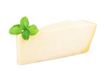 sliced parmesan cheese and basil on white background