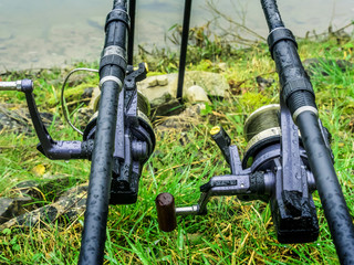 Fishing rods with reels waiting for fish to bite in rainy weather.