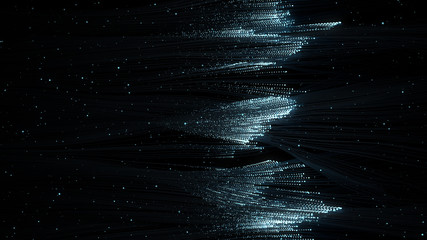 3d render of particles that through the thin wires. Data transfer concept. Technology background.