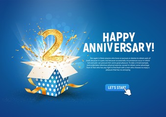 2 nd year anniversary banner with open burst gift box. Template second birthday celebration and abstract text on blue background vector illustration - obrazy, fototapety, plakaty