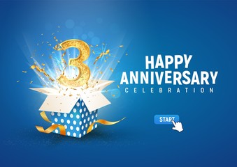 3 rd year anniversary banner with open burst gift box. Template third birthday celebration and abstract text on blue background vector illustration