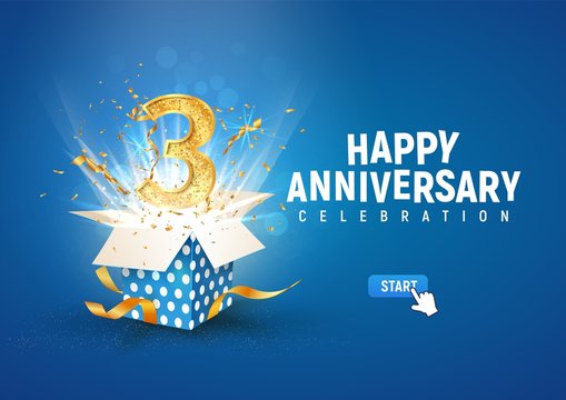 3 rd year anniversary banner with open burst gift box. Template third birthday celebration and abstract text on blue background vector illustration