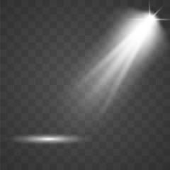 Light sources, concert lighting, stage spotlights. Floodlight  beam, illuminated spotlights for web design and projection studio lights beam concert club show scene illumination vector.