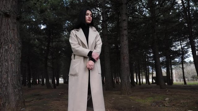 attractive stylish woman in modern long spring coat poses among high old pines in calm morning slow motion