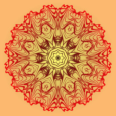 Hand-Drawn Ethnic Mandala. Circle Lace Ornament. Vector Illustration. For Coloring Book, Greeting Card, Invitation, Tattoo. Red, orange sunrise color