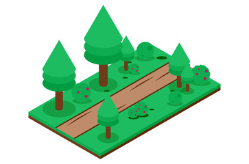 isometric dirt road in the forest, vector illustration - Vector