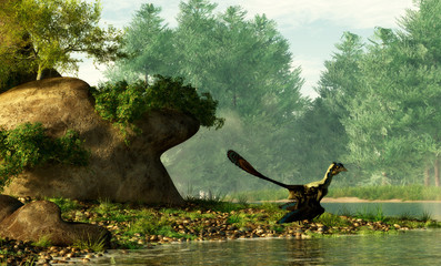 An archaeopteryx, a Jurassic era theropod dinosaur that looked much like a bird, hangs out by a Cretaceous era river.  3D Rendering © Daniel Eskridge