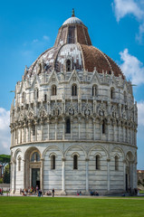 Close view of Romanesque Baptistery of St. John Baptistry at Piazza dei Miracoli Piazza del Duomo popular tourist attraction in Pisa, Italy