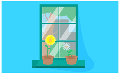 flat illustration Window with city views. Plant and tree houses. vector illustration - Vector