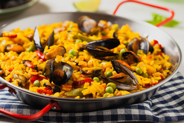 Traditional paella with mussels.
