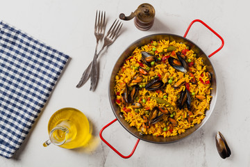Traditional paella with mussels.