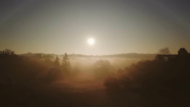 Beautiful golden foggy morning. house and village. Dawn rays flying bird. Video footage. Backlight. Aerial.