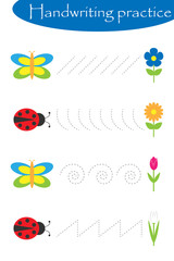 Butterflies and ladybugs, spring handwriting practice sheet, kids preschool activity, educational children game, printable worksheet, writing training, vector illustration