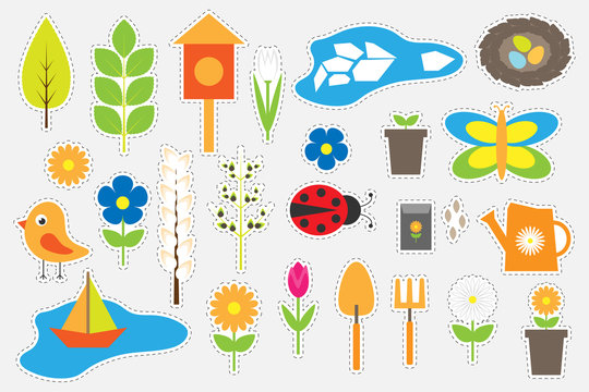Different colorful spring and garden pictures for children, fun education game for kids, preschool activity, set of stickers, vector illustration