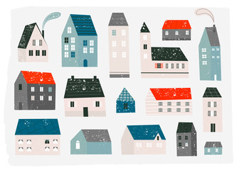 Various small tiny houses. Paper cut style. Flat design. Stamp texture. Hand drawn trendy illustration. Colored vector set. All elements are isolated