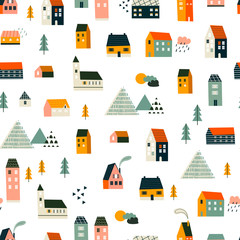 Various small tiny houses, trees and mountains. Paper cut style. Flat design. Hand drawn trendy illustration. Big colored vector seamless pattern
