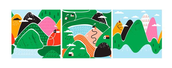 Small tiny houses, mountains and trees. Paper cut style. Flat design. Scandinavian style illustration. Set of three hand drawn trendy vector seamless patterns. Every pattern is isolated © Dariia