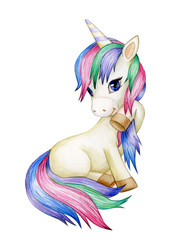  Cute sitting unicorn cartoon, isolated on white. © rvika