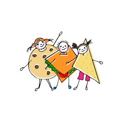 Vector illustration. Children in food costumes. Cookies, chips, sandwich. Halloween costumes. Fancy dresses.  Suit for a party.