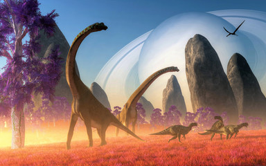 On a world far from earth, dinosaurs roam. Long necked sauropods and ornithopods live in long alien grasses. In the skies a pterosaur glides over strange rock structures. 3D Rendering © Daniel Eskridge
