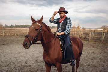 Cowboy riding a horse on a ranch, western