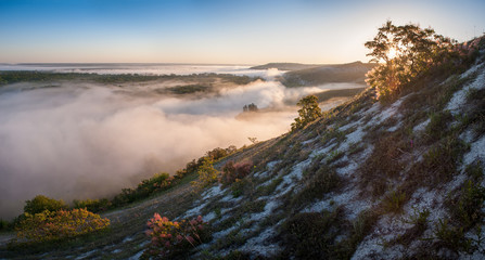Panorama with fog over river