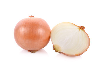whole and half cut fresh onion on white background