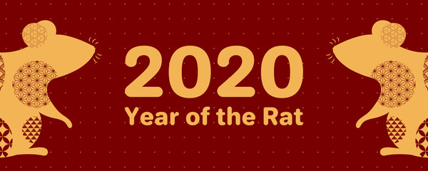 Fototapeta premium 2020 Chinese New Year greeting card with rat silhouette, numbers, gold on red. Vector illustration. Flat style design. Concept for holiday banner, decor element.