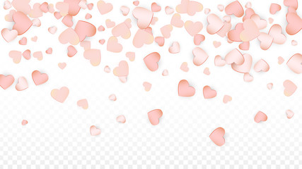 Love Hearts Confetti Falling Background. St. Valentine's Day pattern Romantic Scattered Hearts. Vector Illustration for Cards, Banners, Posters, Flyers for Wedding, Anniversary, Birthday Party, Sales.
