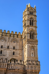 Arab-Norman architectural style of Cathedral Santa Vergine Maria Assunta (was erected in 1185) in Palermo, Sicily, Italy. Eastern side details.