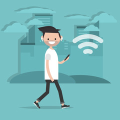 Young character walking down the street with wireless headphones.Wireless icon.Flat cartoon design
