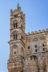 Fototapeta na wymiar Arab-Norman architectural style of Cathedral Santa Vergine Maria Assunta (was erected in 1185) in Palermo, Sicily, Italy. Eastern side details.