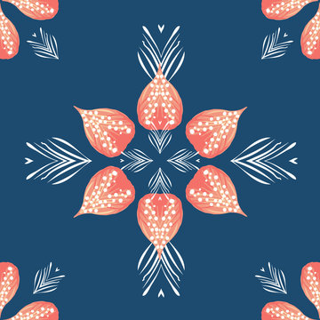 Exotic tropical floral seamless pattern, coral and navy blue. Repeating vector. Island paradise vibe, great for destination wedding, invitations, summer textile prints, fashion and coastal decor.
