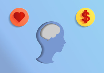 Illustrate of head brain and coin icon in paper cut style.