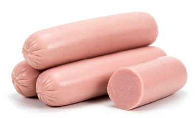 Tasty sausages on white background. Meat product.