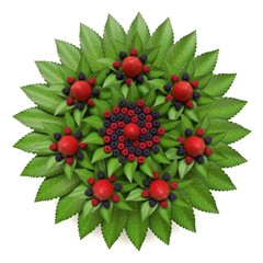 Organic fractal of fresh leaves and forest fruits. Circular composition of strawberries, blueberries and raspberries.