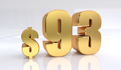 93 dollar price symbol. red text number 3d render with dollar sign on white background - Illustration