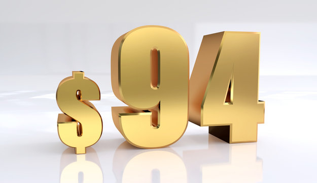 94 dollar price symbol. red text number 3d render with dollar sign on white background - Illustration