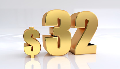 32 dollar price symbol. red text number 3d render with dollar sign on white background - Illustration