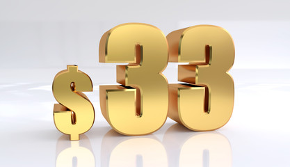 Obraz premium 33 dollar price symbol. red text number 3d render with dollar sign on white background - Illustration