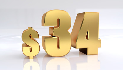34 dollar price symbol. red text number 3d render with dollar sign on white background - Illustration